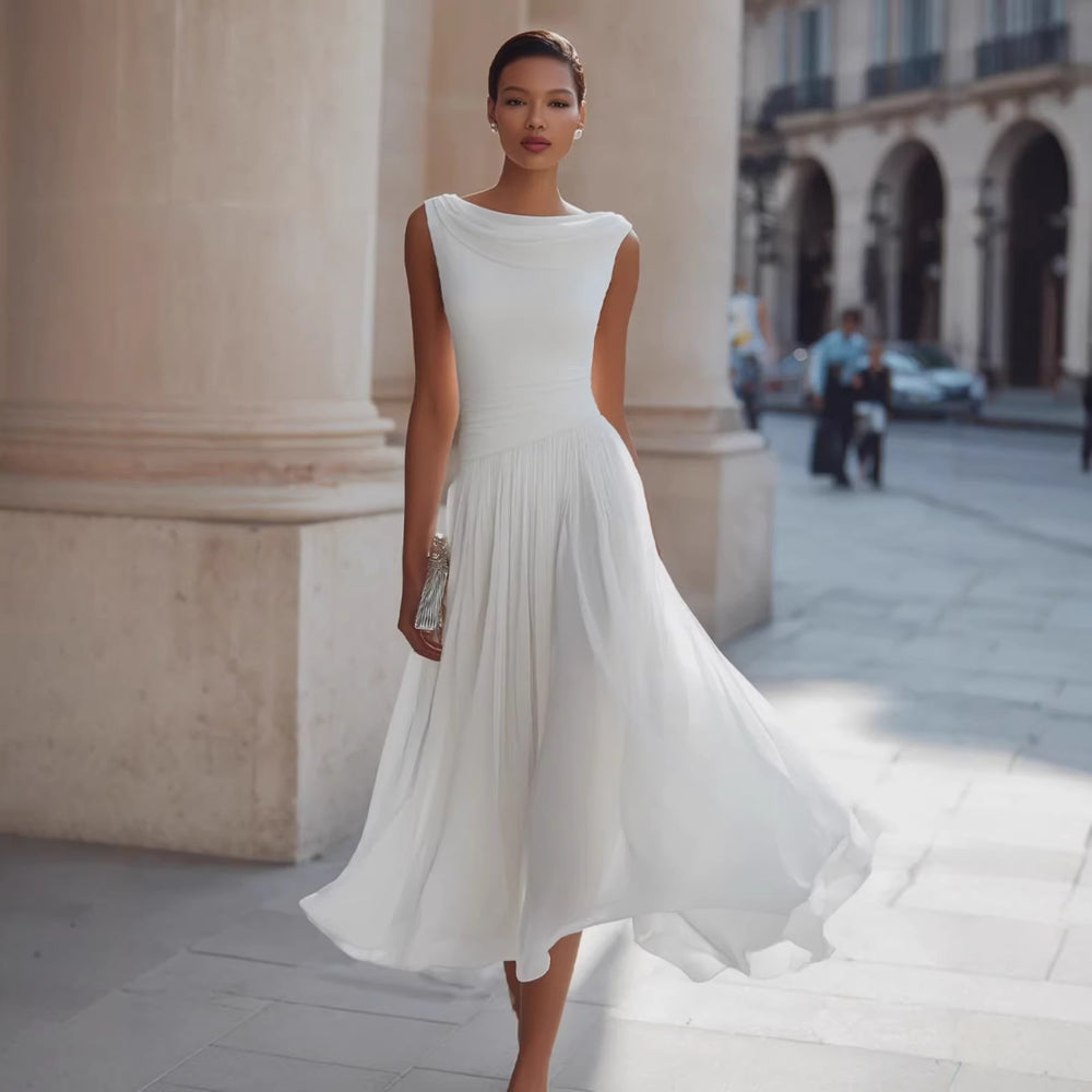 Riviera Chiffon Midi Dress - women's elegant boat neck chiffon midi dress