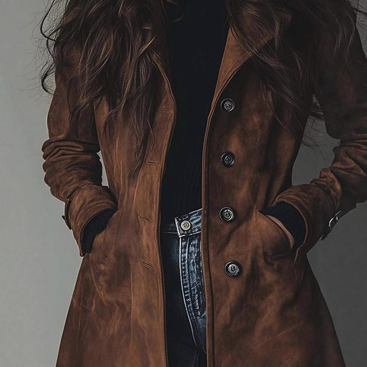 VIVIENNE long trench coat in Dark Brown, close-up