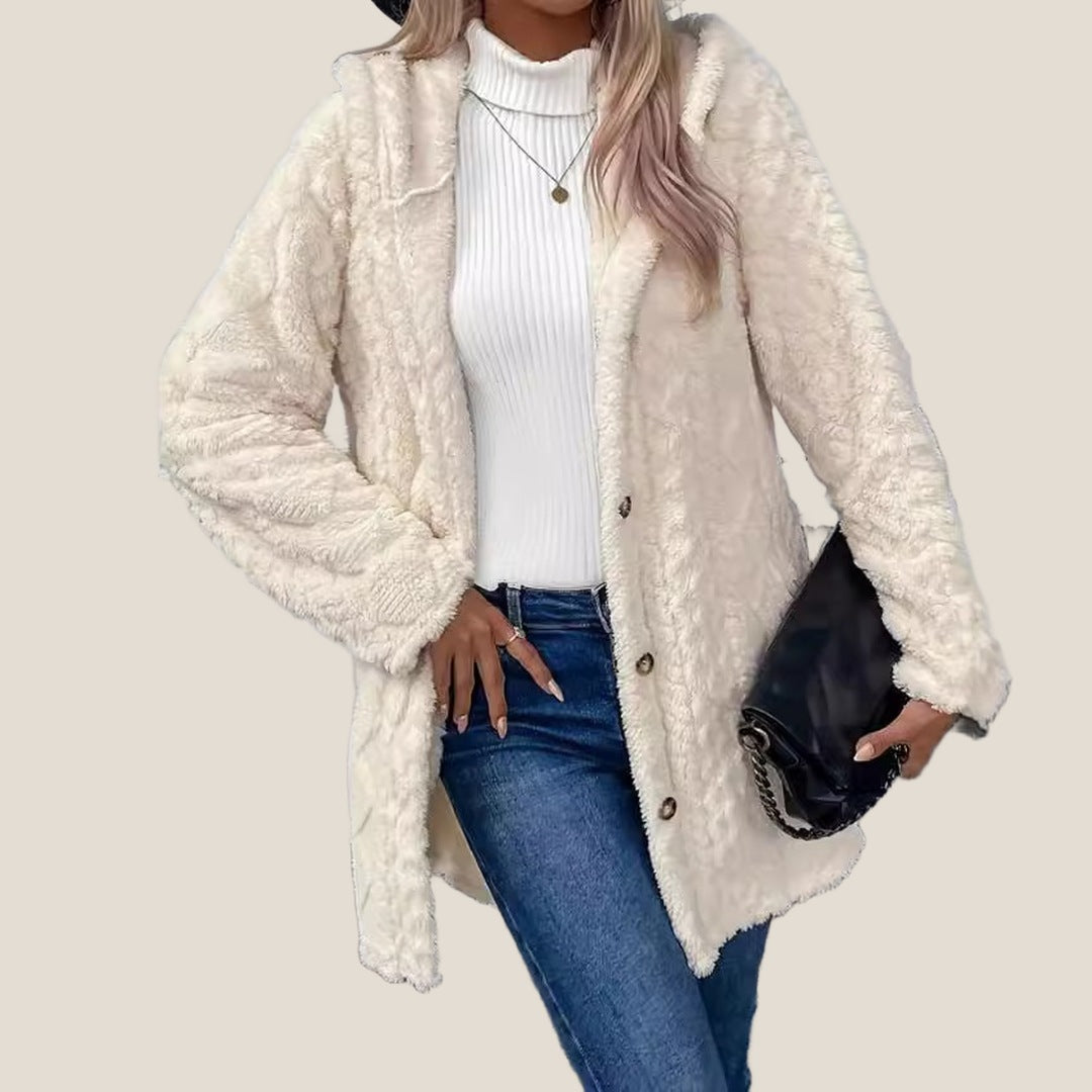 Aspen Hooded Plush Jacket in White, worn open