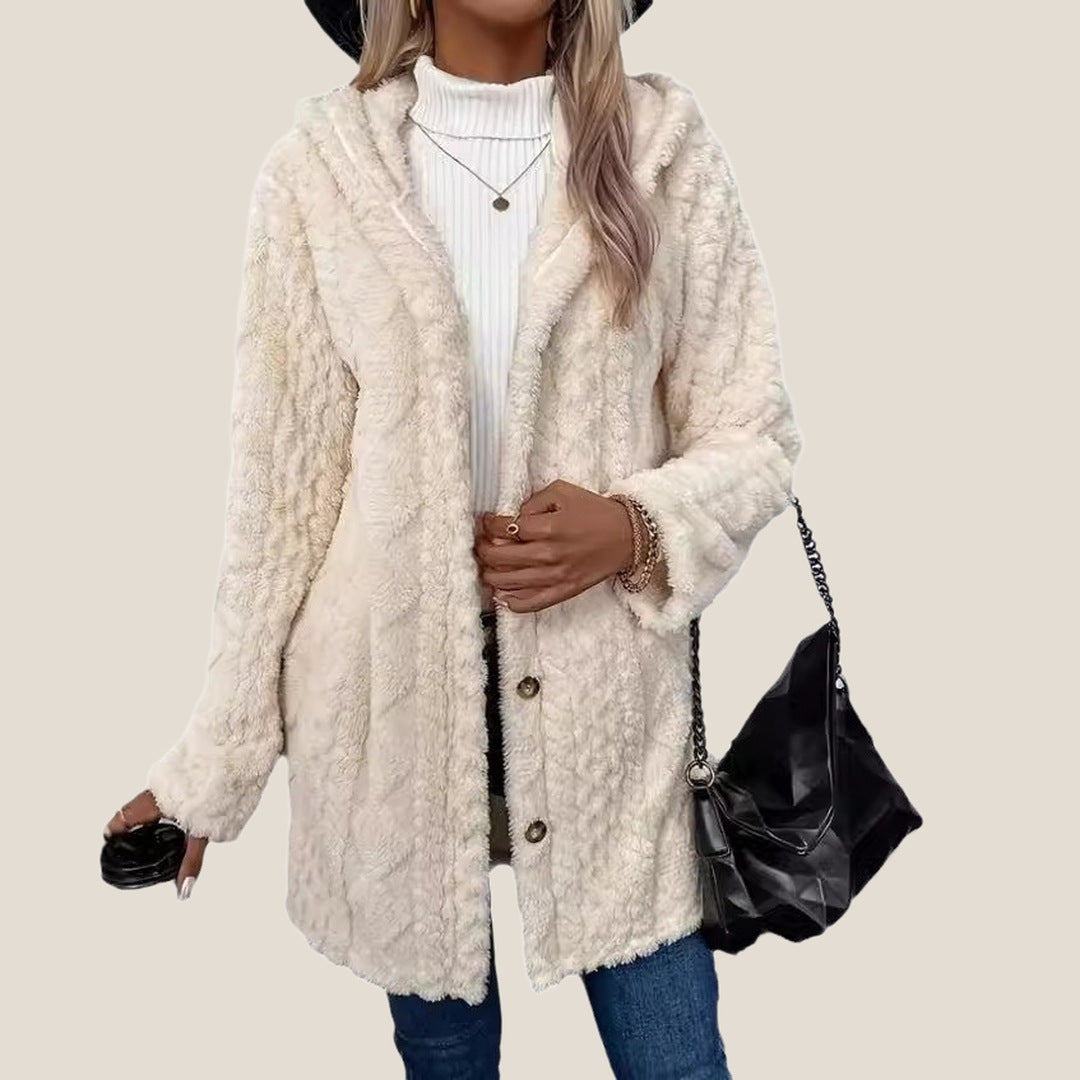 Aspen Hooded Plush Jacket in White, front view