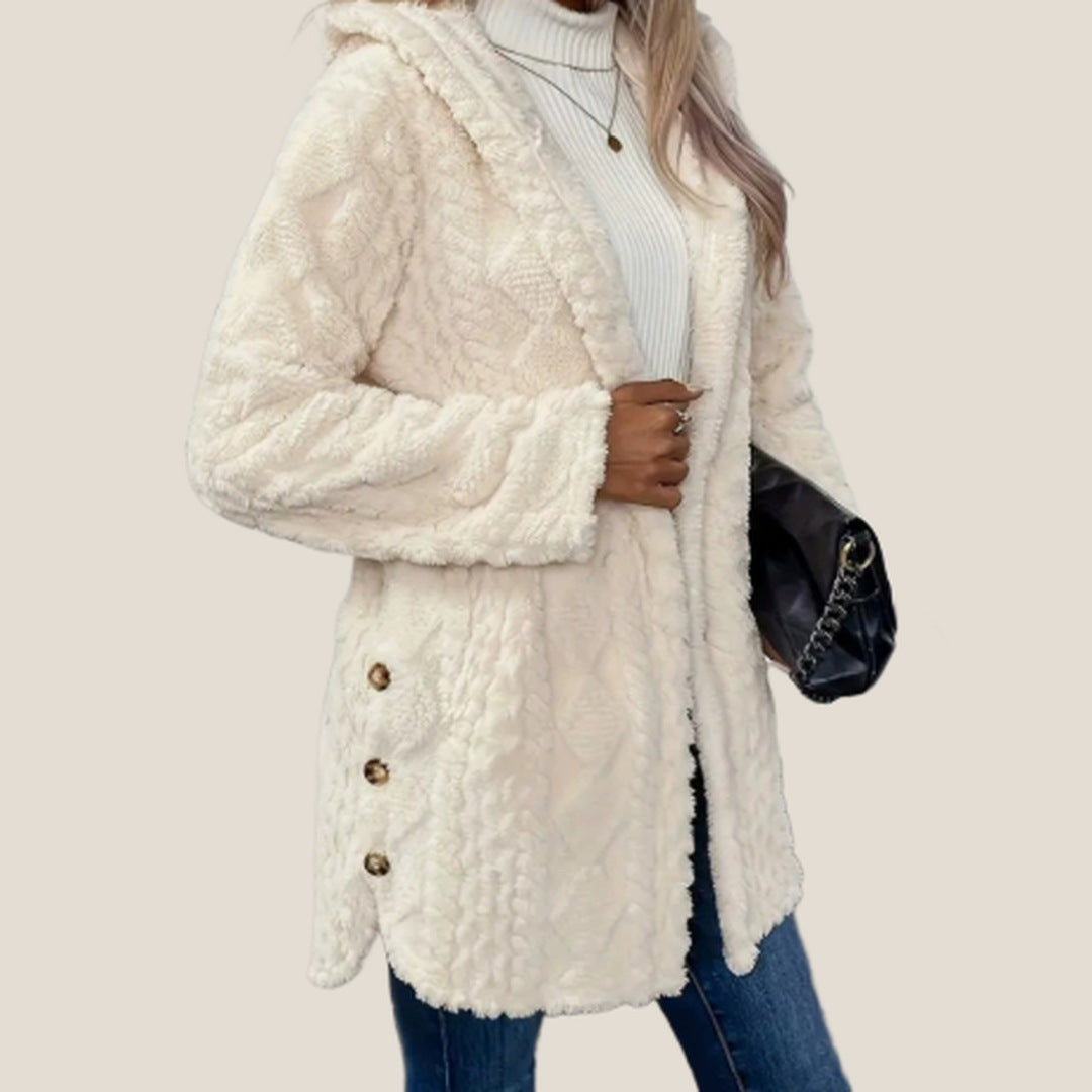 Aspen Hooded Plush Jacket in White, side view with button detail