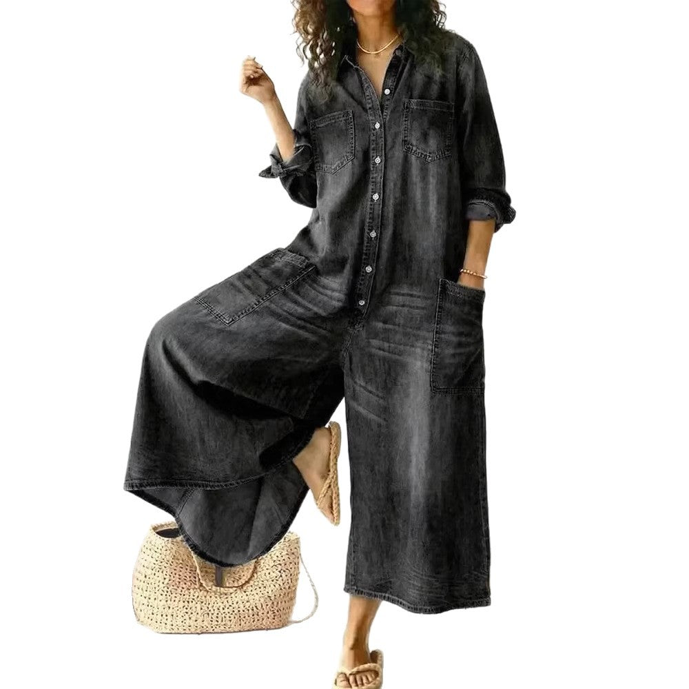 Sonoma Denim Jumpsuit - women's oversized wide leg button-up denim jumpsuit