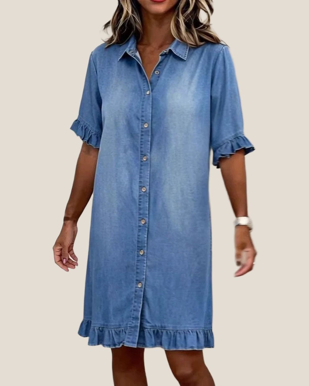 EMMA Casual Denim Shirt Dress in Classic Denim, front view