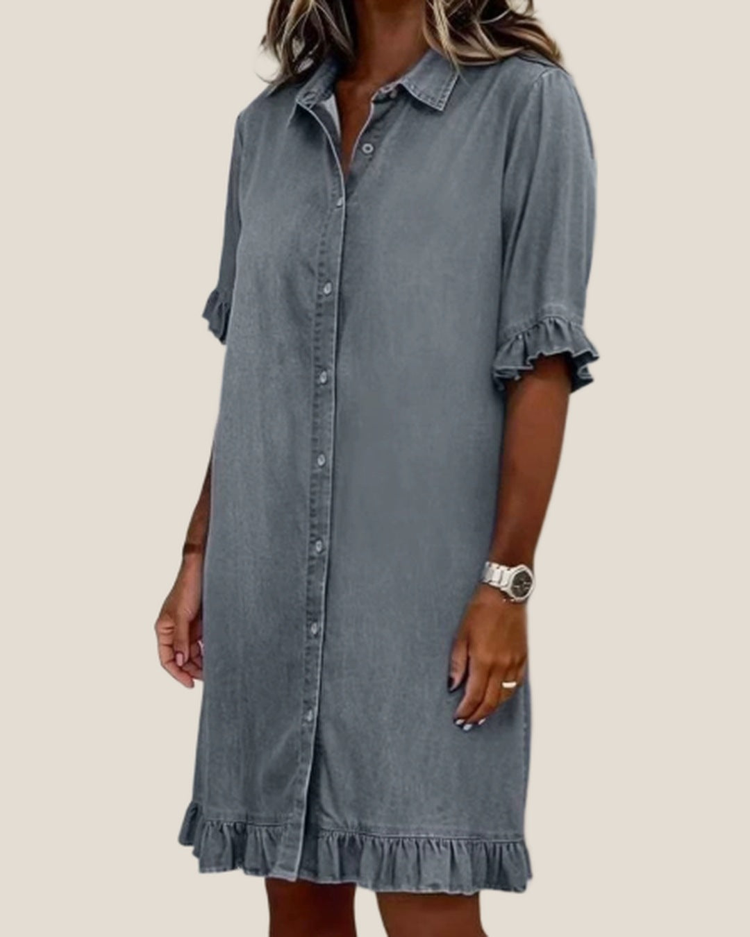 EMMA Casual Denim Shirt Dress in Stone Gray