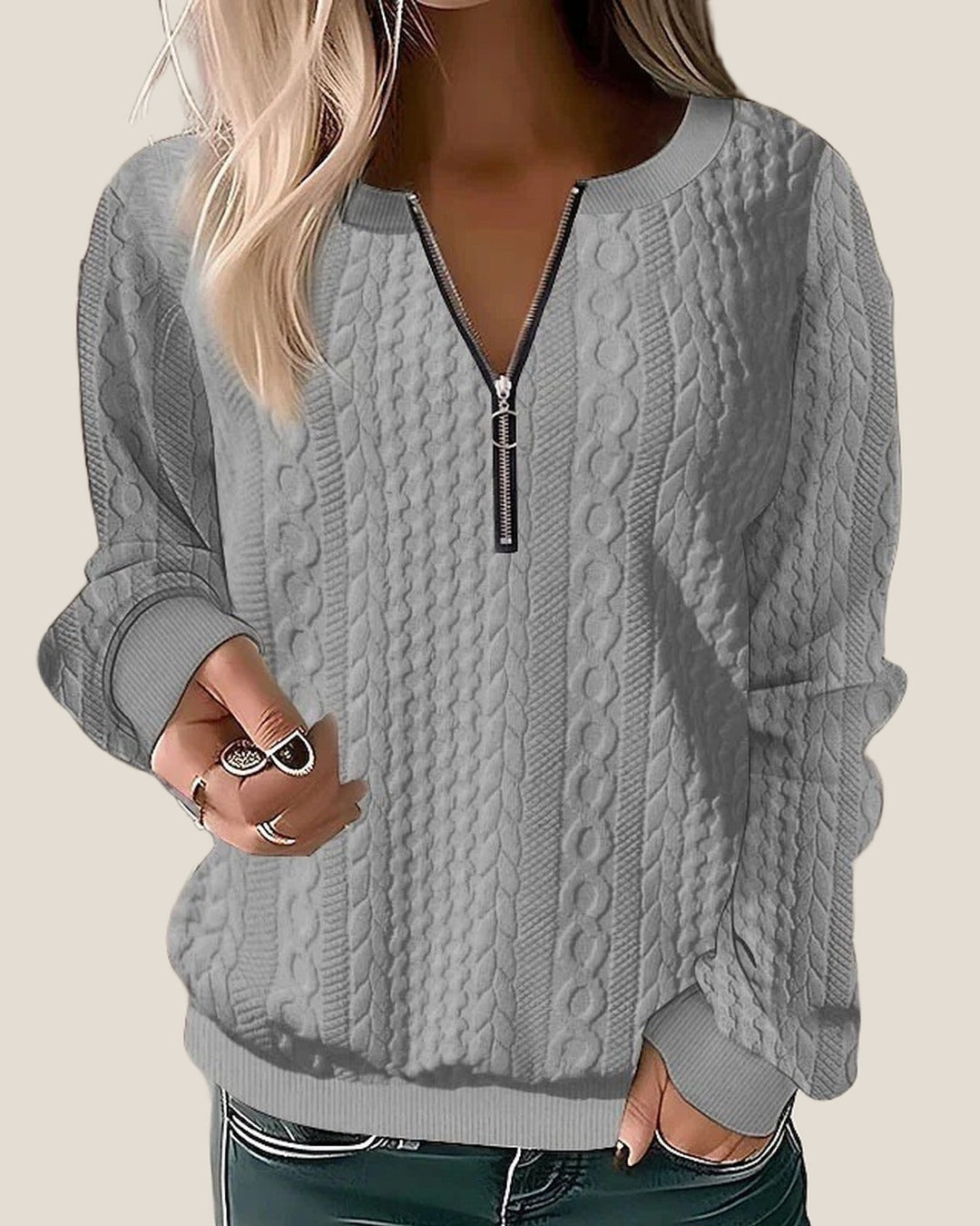 HARPER Half-Zip Cable Knit Sweater - Gray