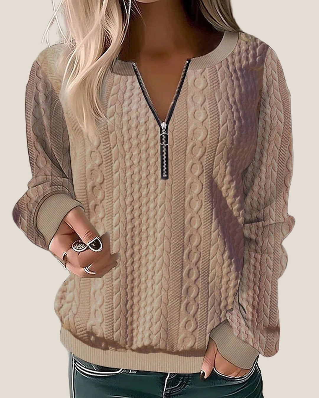 HARPER Half-Zip Cable Knit Sweater - Khaki