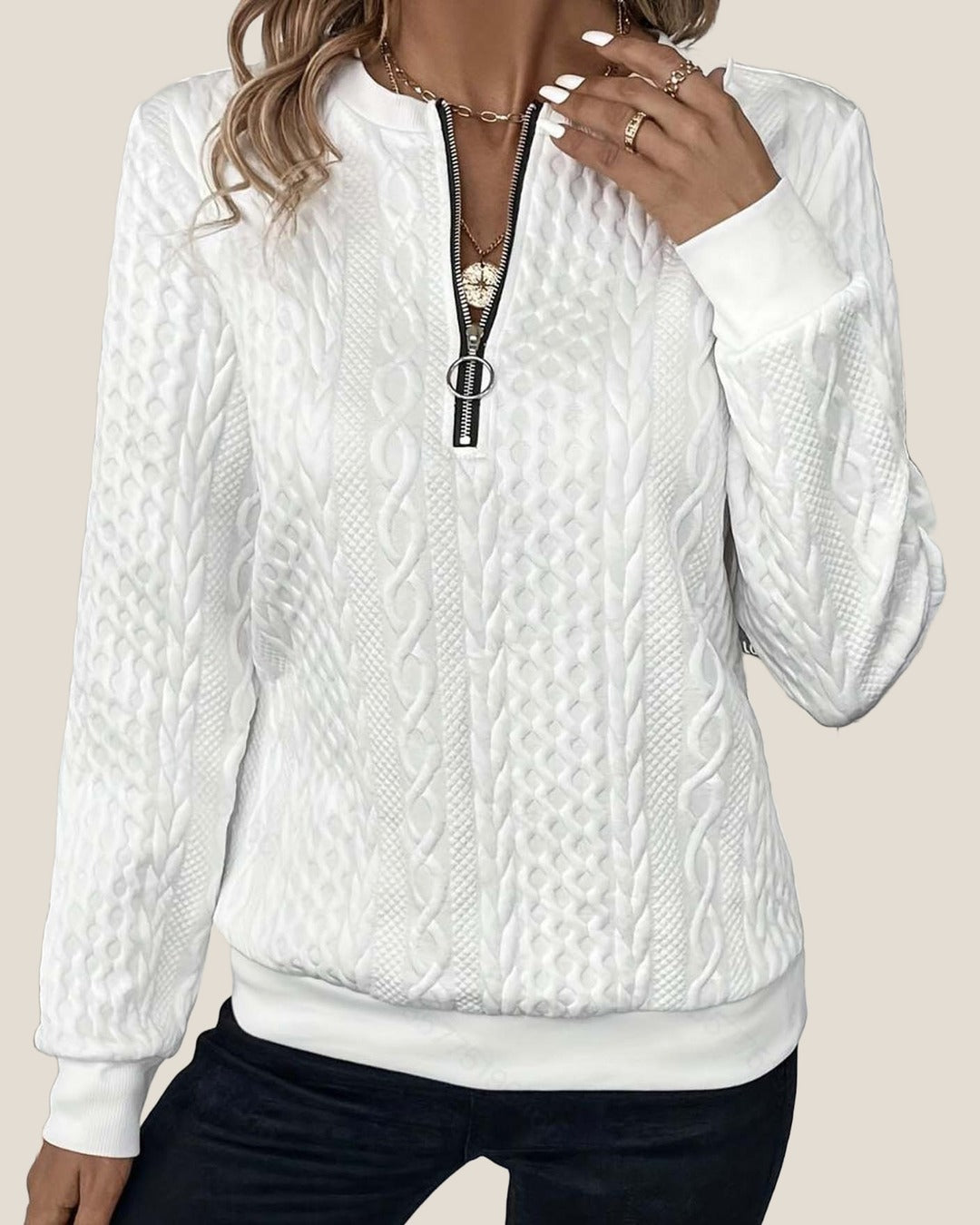 HARPER Half-Zip Cable Knit Sweater - White (Black Zip)