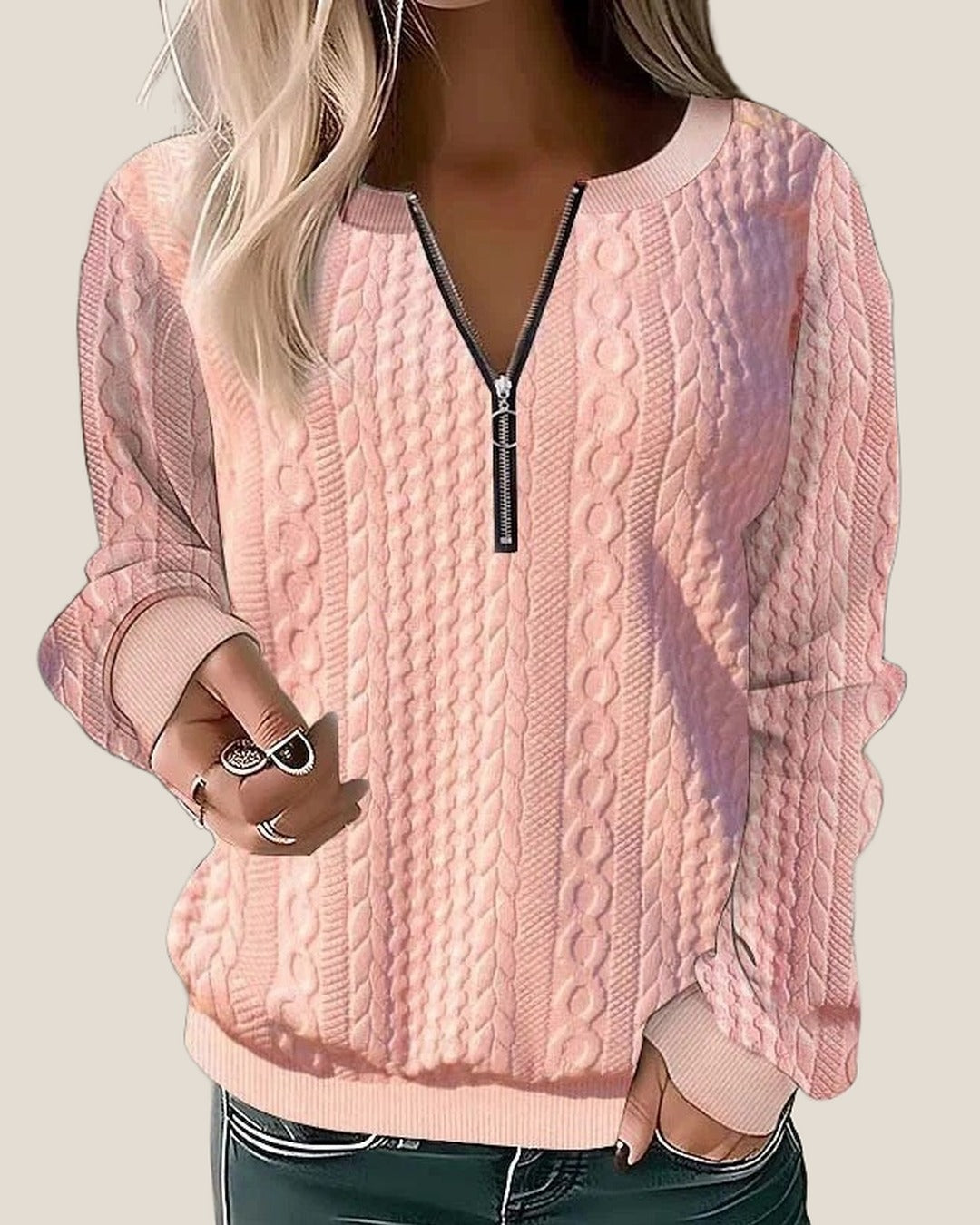 HARPER Half-Zip Cable Knit Sweater - Pink
