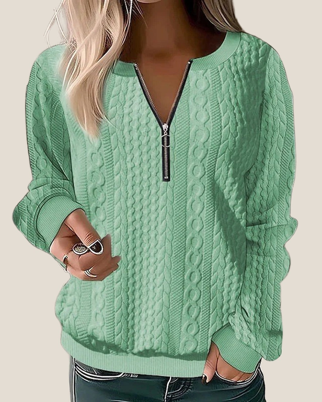 HARPER Half-Zip Cable Knit Sweater - Green