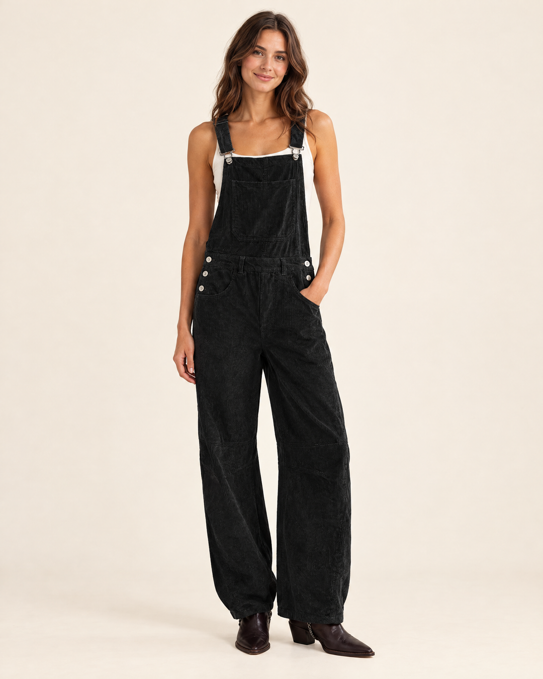SIENNA corduroy barrel overalls in Black