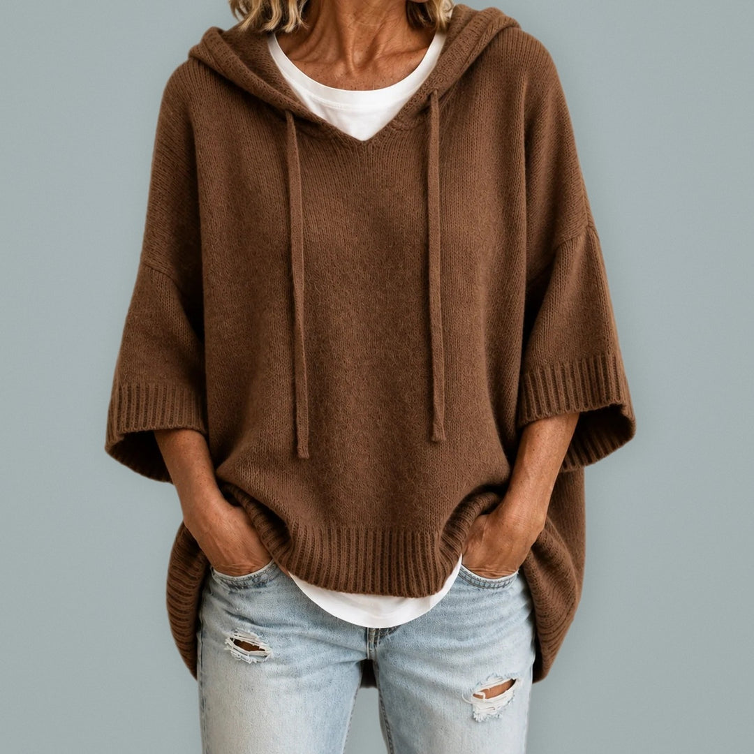 ORIANA hooded knit poncho sweater in Brown