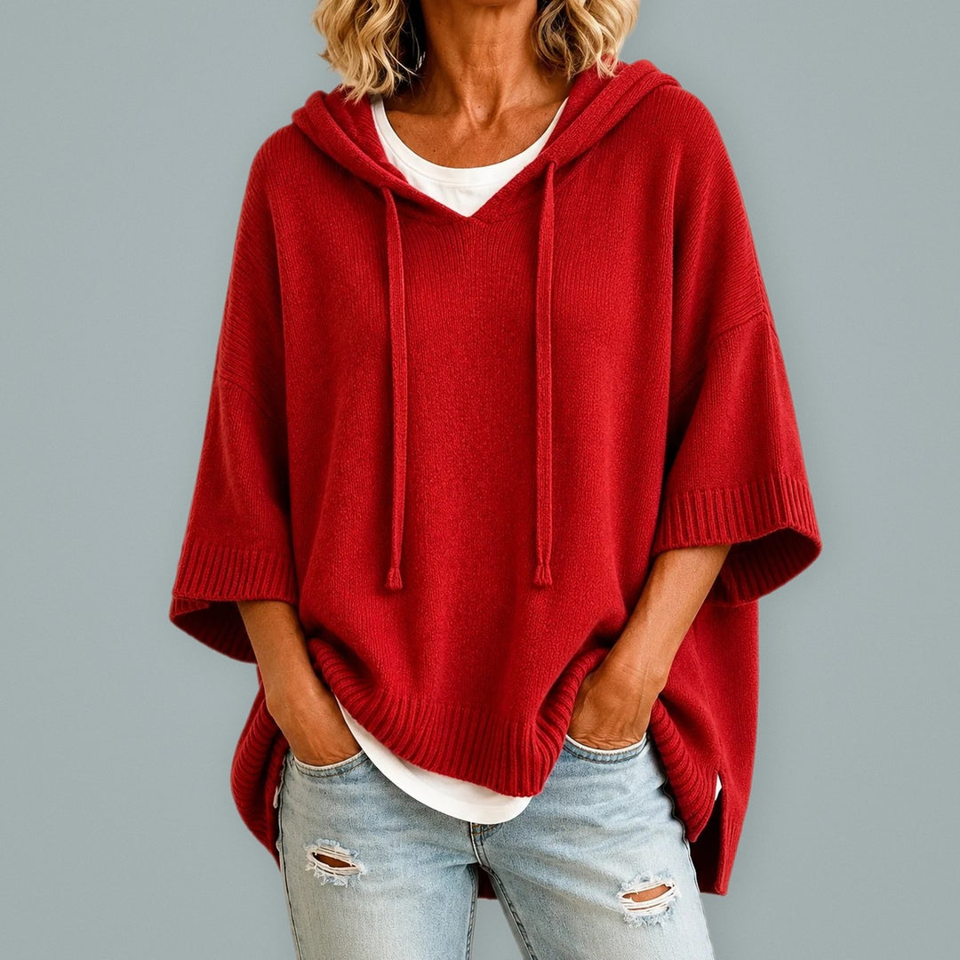 ORIANA hooded knit poncho sweater in Red