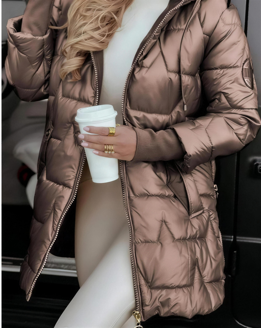 STELLA hooded quilted puffer jacket in Brown