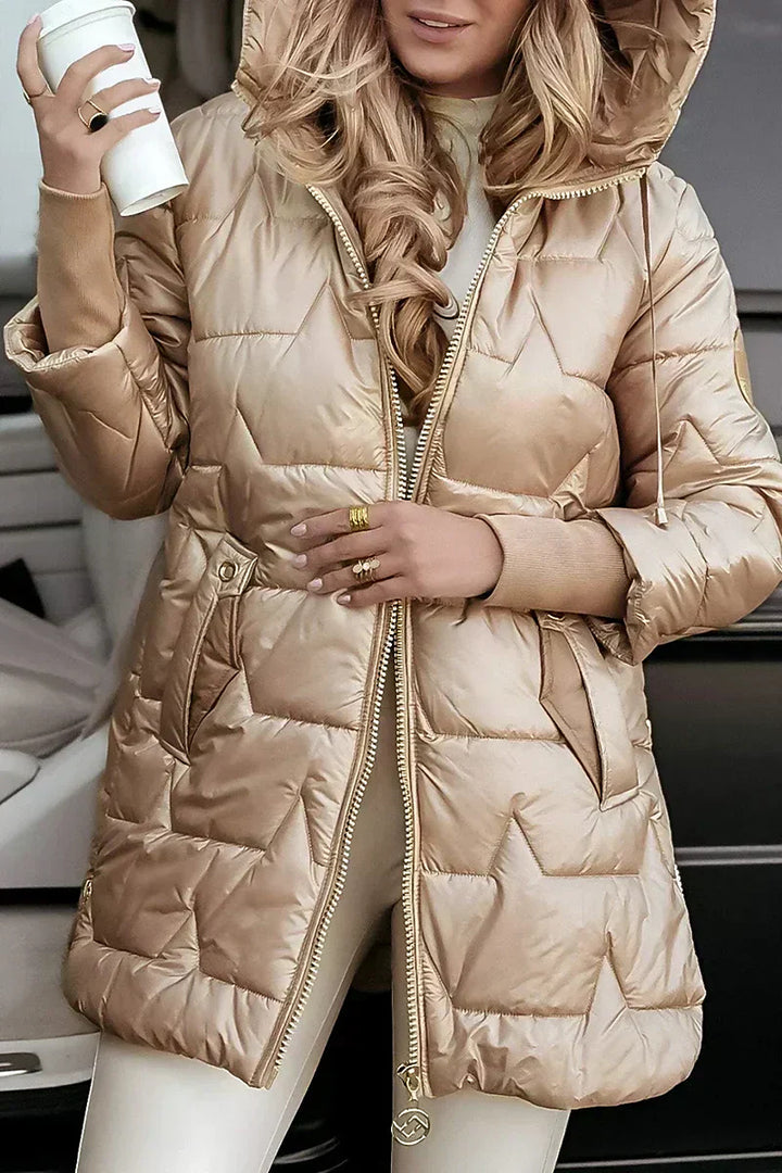 STELLA hooded quilted puffer jacket in Champagne with hood
