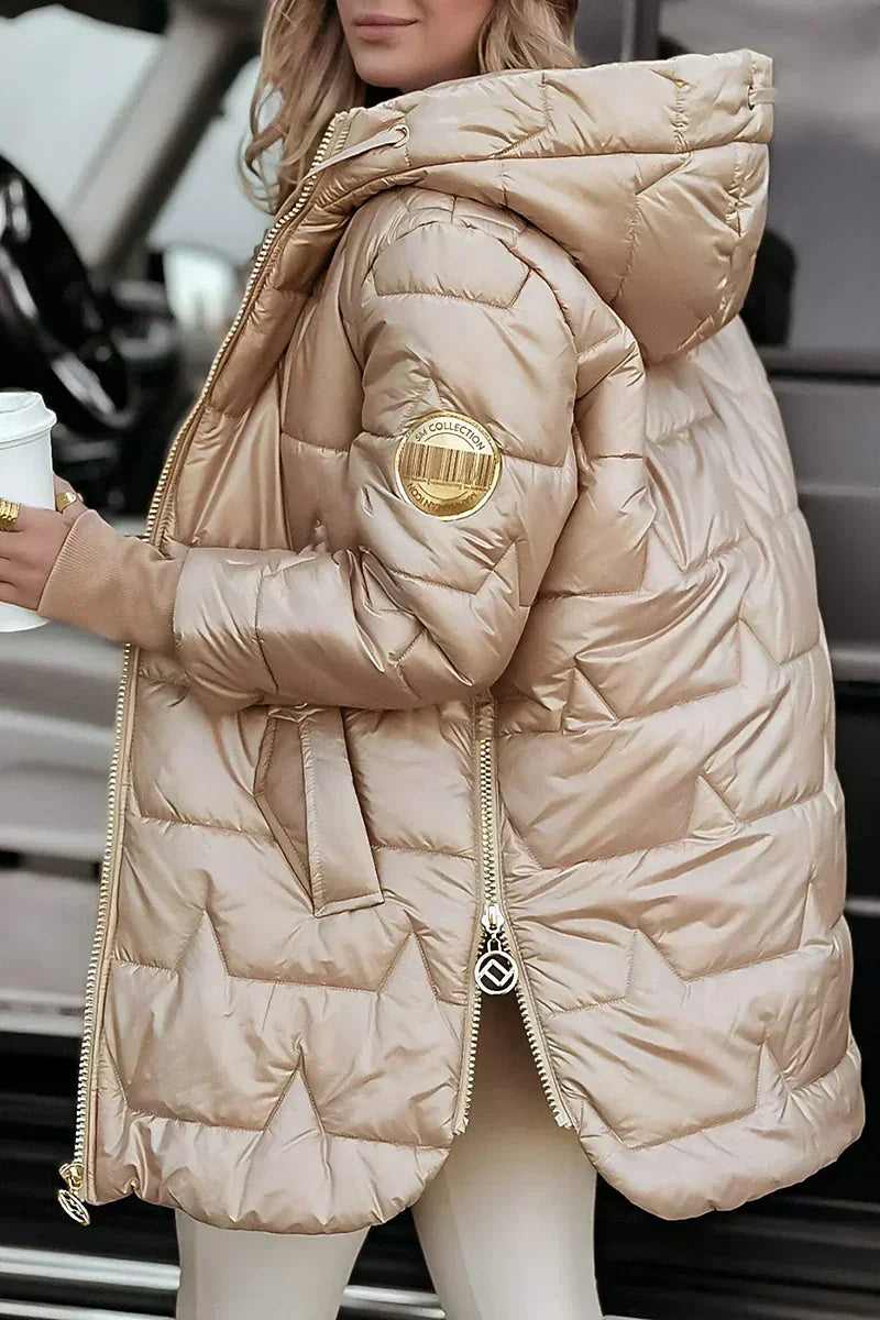 STELLA hooded quilted puffer jacket in Champagne, side view with zip detail